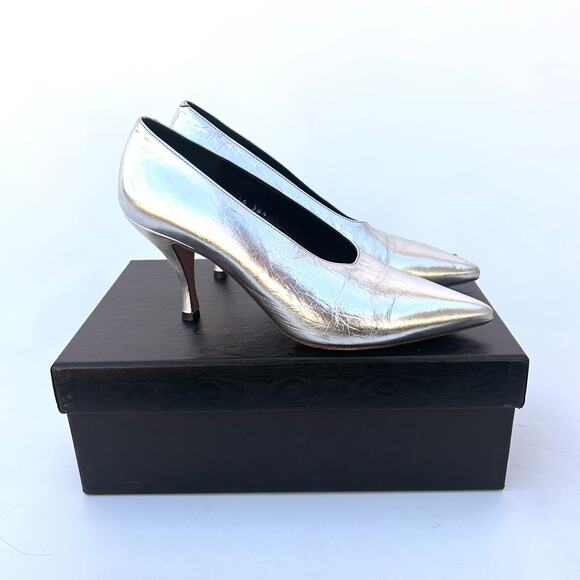 Dries Van Noten Silver Designer Pumps Metallic High Heels 38.5 Size 8.5 Leather - Picture 1 of 14